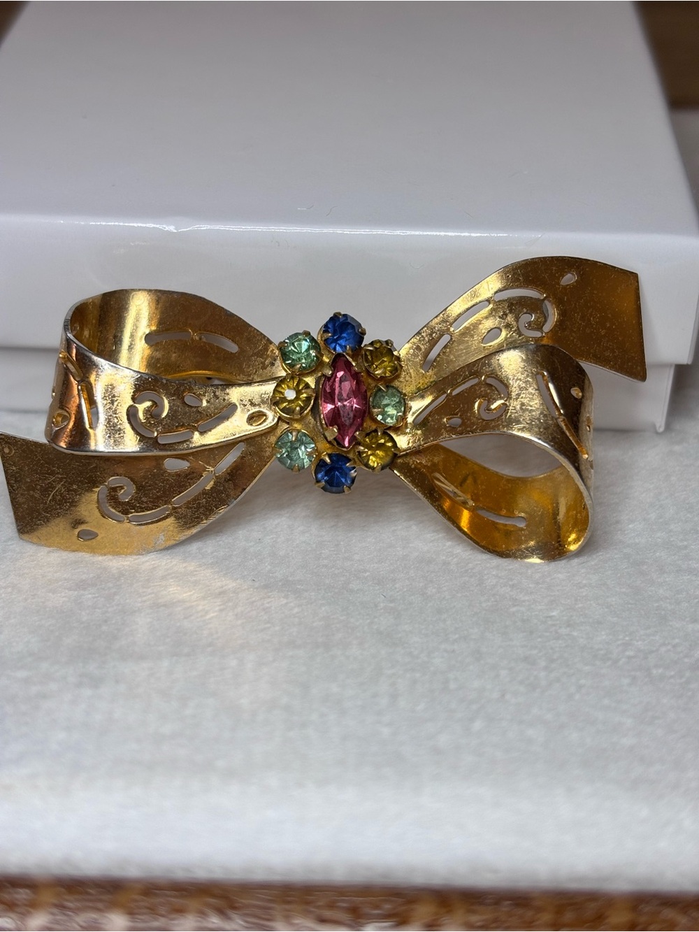 Vintage Signed Coro Rhinestone Bow Brooch Multicolor Gold Tone